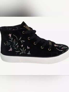 Wicked Womens Black Velvet High-Top Sneakers with Pink & Green Embroidery